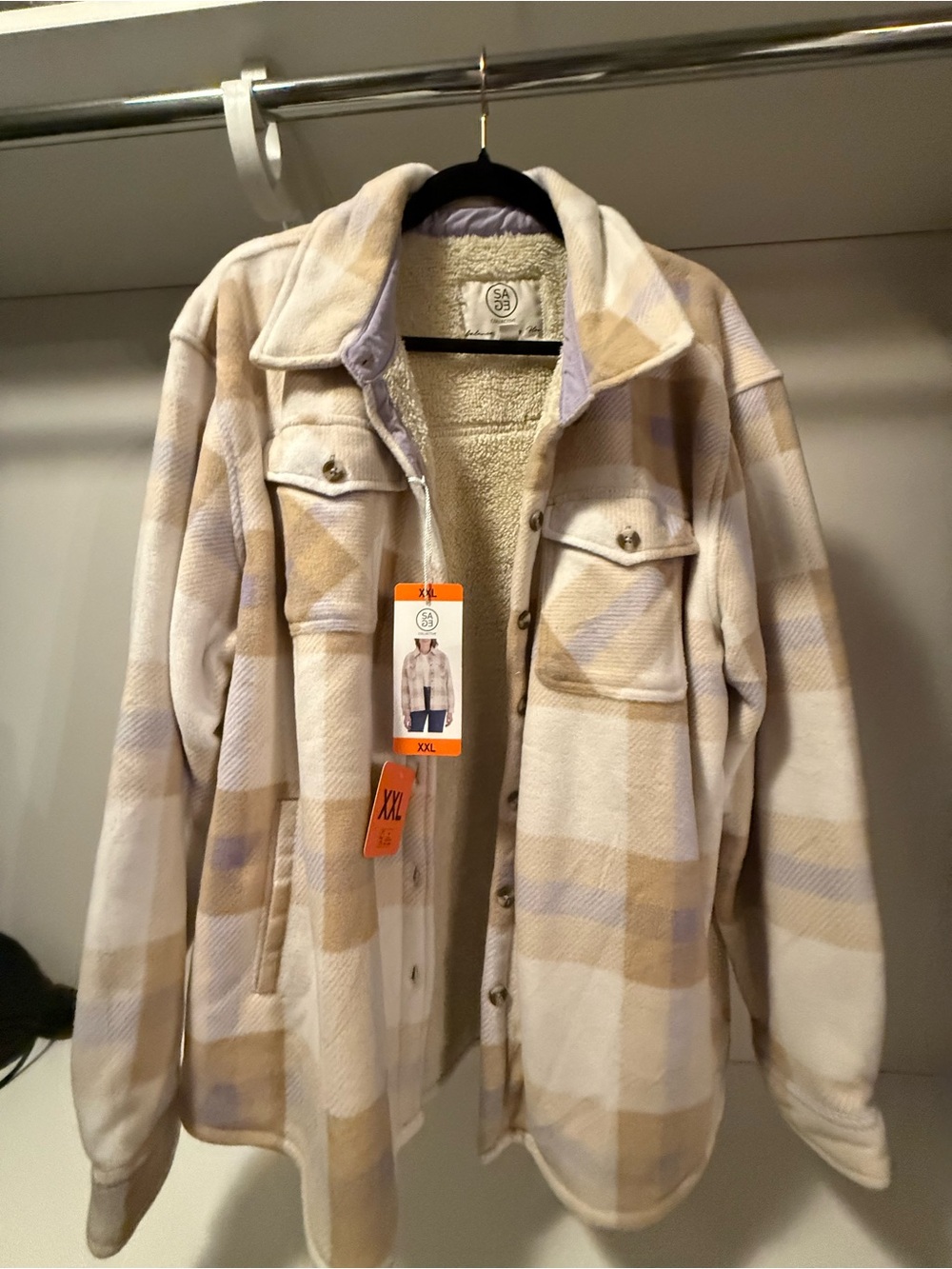 Women’s XXL Beige Plaid Sherpa-Lined Shacket
